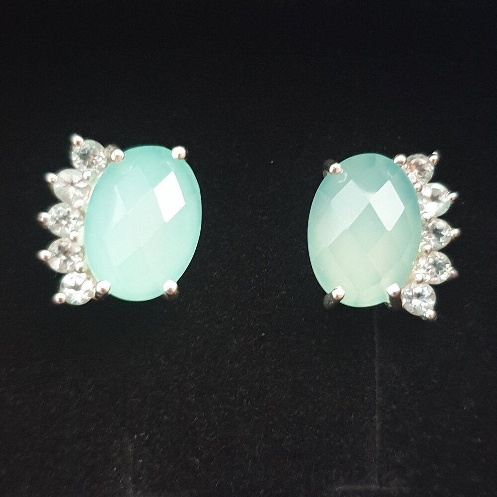 Vintage 925 Silver Natural Light Green Chalcedony & White Topaz Stud Earrings